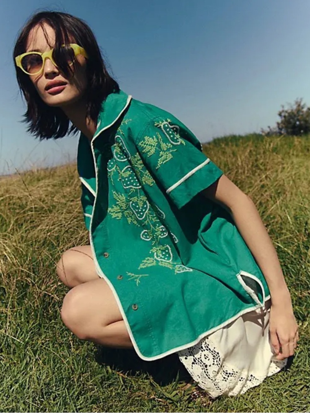 FreePeople WeThe Free Strawberry Shirt Green Combo Embroidered Linen Button Down - Picture 3 of 6